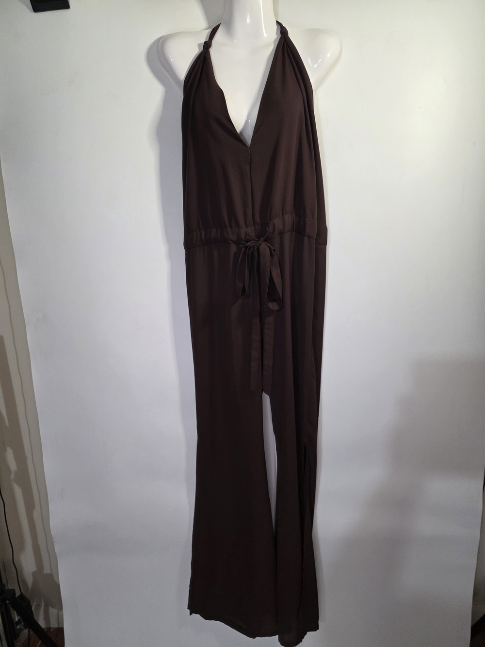 Sleeveless Deep Brown Halter Jumpsuit with Waist Tie Size S. By Ramona Larue.